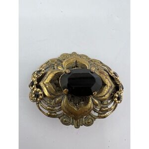 Vintage‎ Gold Metal Black Stone Brooch Pin